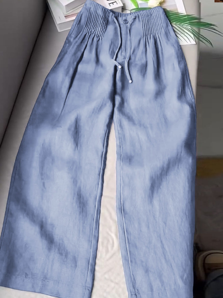 Dames Effen Kleur Geplooide Trekkoord Casual Katoenen en Linnen Wijde Pantalon