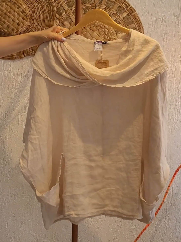 Dames Effen Kleur Gedrapeerde Hals 3/4 Mouw Comfortabele Casual Linnen Zak Top