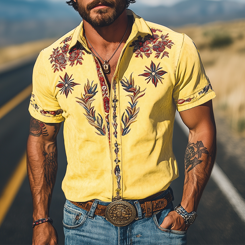 【24-uurs verzending】Heren Lente/Zomer Mode Retro Westerse Stijl Suède Geborduurde Korte Mouwen Shirt MTA1533D2K