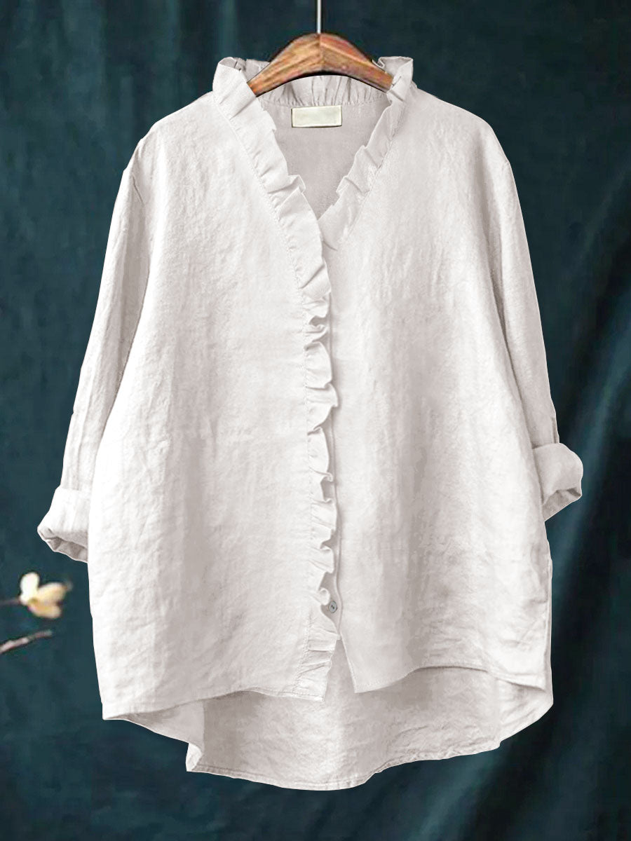 Dames Casual Katoenen En Linnen Ruffle Shirt