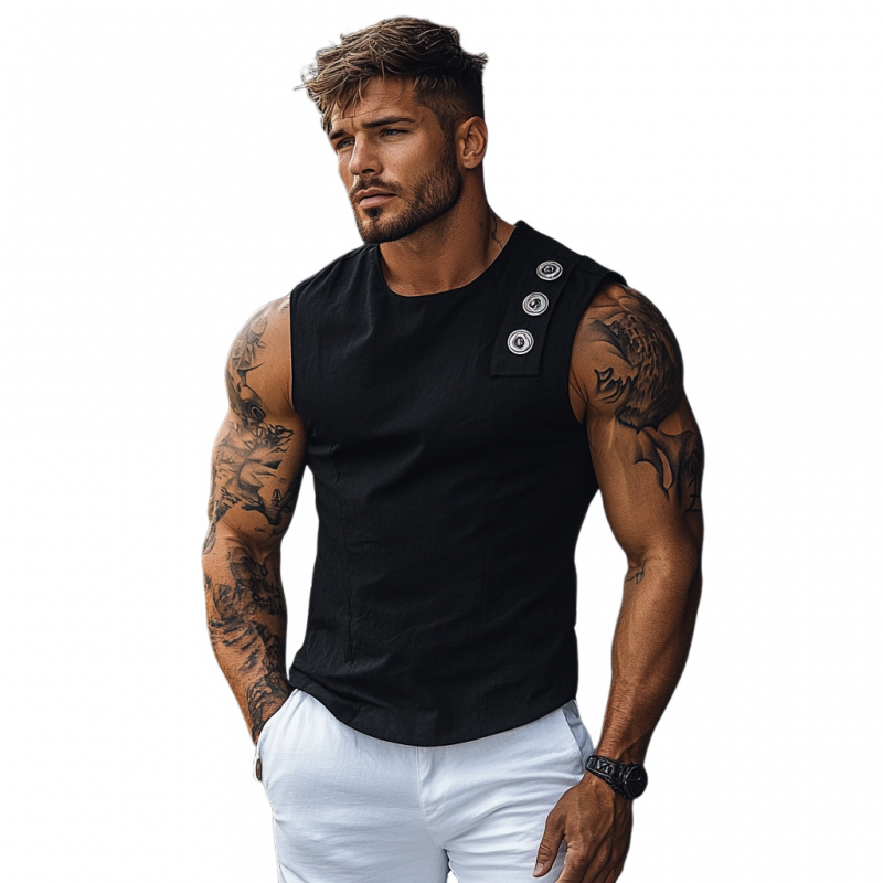 Heren Casual katoenen Ronde Hals Met Knopen Decoratie Slim Fit Tanktop MTA2696E6M