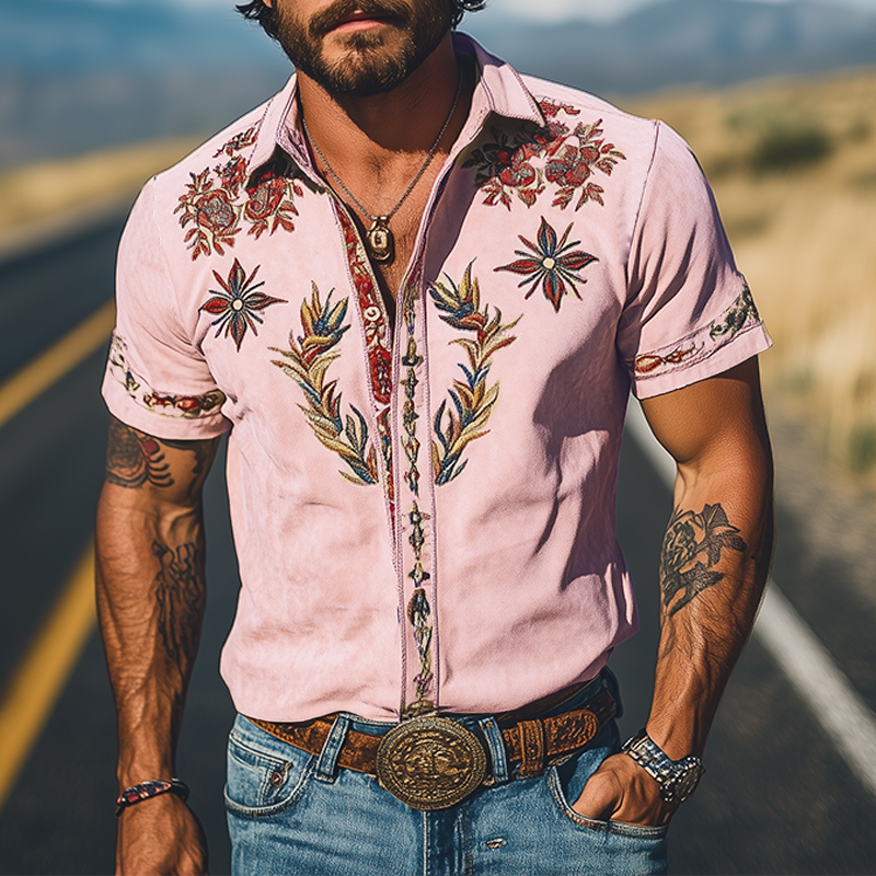 【24-uurs verzending】Heren Lente/Zomer Mode Retro Westerse Stijl Suède Geborduurde Korte Mouw Shirt MTA1533D2K