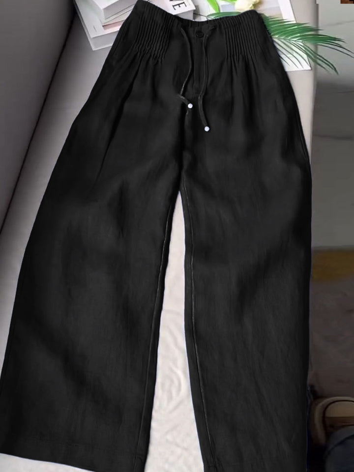 Dames Effen Kleur Geplooide Trekkoord Casual Katoenen en Linnen Wijde Pantalon