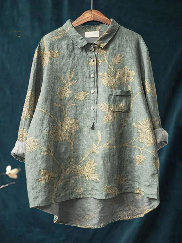 Dames Retro Bloemen Kunstafdruk Casual Katoen En Linnen Shirt