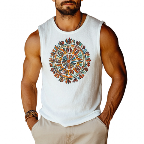 Heren Bohemian Geborduurd Naast Katoenen Ronde Hals Slim Fit Tanktop MTA2947E3M