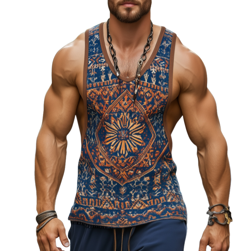 【24-uurs verzending】Heren Retro Casual Etnische Stijl Geometrische Print Ronde Hals Tanktop 99953934TO