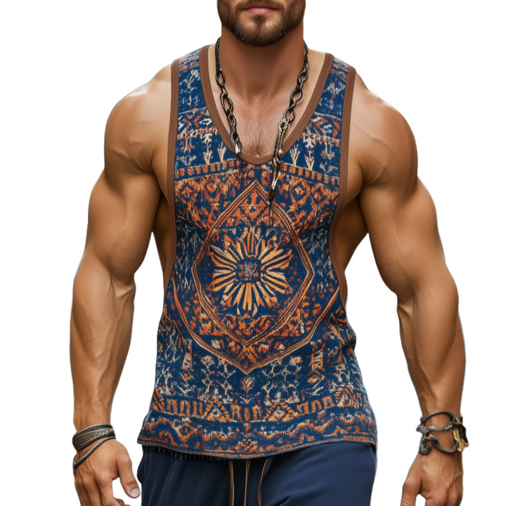【24-uurs verzending】Heren Retro Casual Etnische Stijl Geometrische Print Ronde Hals Tanktop 99953934TO