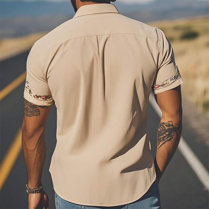 【24-uurs verzending】Heren Lente/Zomer Mode Retro Westerse Stijl Suède Geborduurde Korte Mouwen Shirt