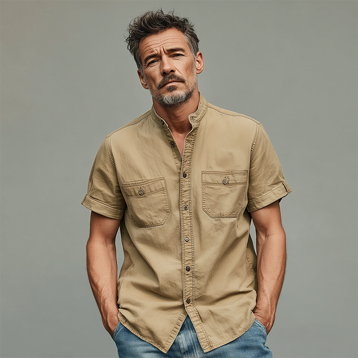 Heren Zomer Casual Katoen Gemengde Gewassen Staande Kraag Korte Mouwen Shirt MTA0220G9K