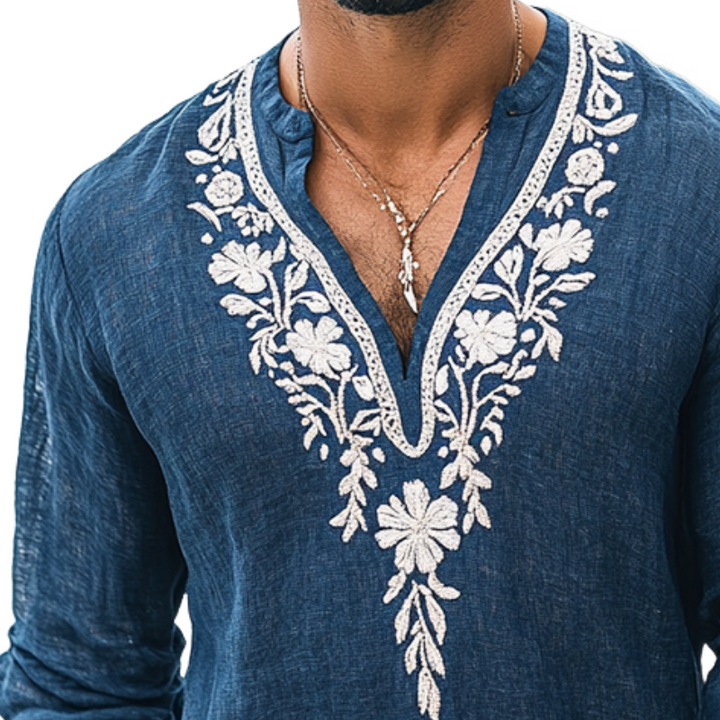 Heren Vintage Casual Geborduurde Katoenen en Linnen Henley Kraag Lange Mouw Shirt 39916816TO