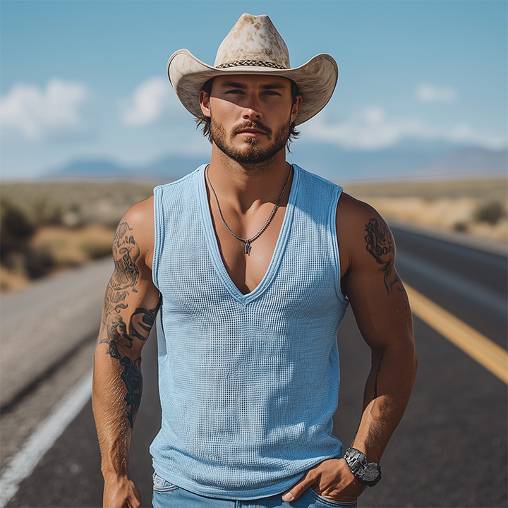 Heren Klassieke Casual Amerikaanse Western Stoere Stijl Wafel Diepe V-hals Tanktop MTA2427E1K
