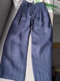 Dames Effen Kleur Geplooide Trekkoord Casual Katoenen en Linnen Wijde Pantalon