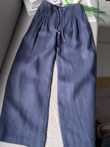 Dames Effen Kleur Geplooide Trekkoord Casual Katoenen en Linnen Wijde Pantalon