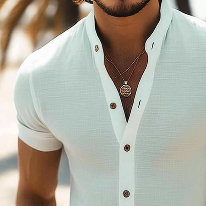 Heren Zomer Basis Staande Kraag Textuur Shirt met korte mouwen