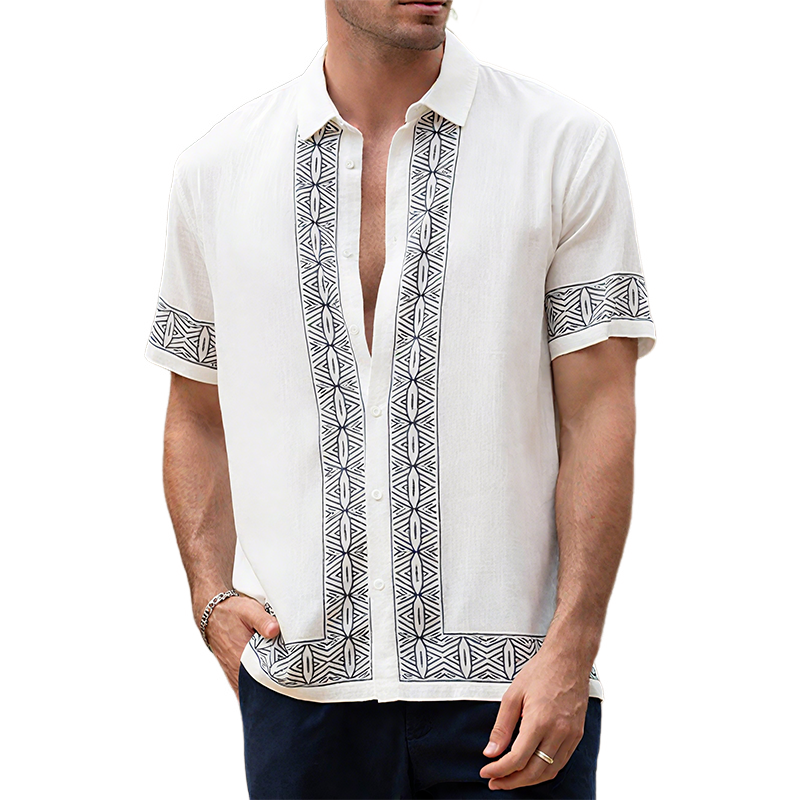 Heren Zomer Casual Katoen En Linnen Gedrukt Kraag Korte Mouwen Shirt MTA0295G2K