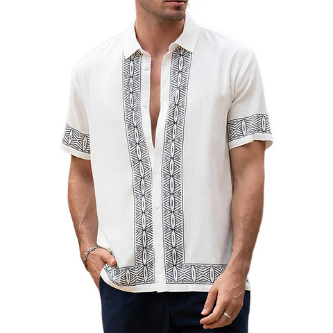 Heren Zomer Casual Katoen En Linnen Gedrukt Kraag Korte Mouwen Shirt MTA0295G2K