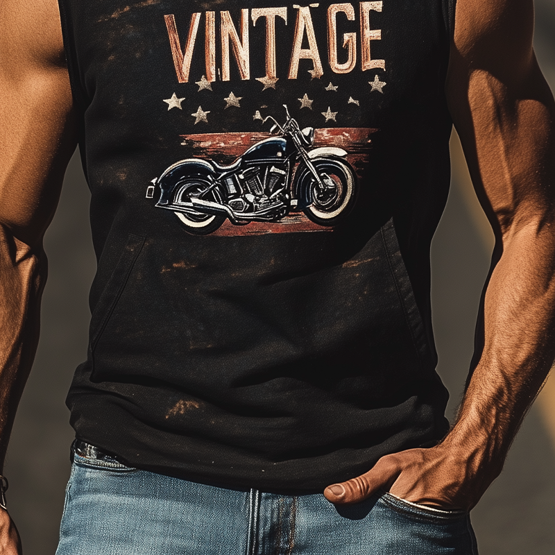 Heren Casual Klassiek Amerikaanse Western Tough Style Motorfiets Rijdende Katoen Gecombineerde Gedrukte Slim Fit Hoodie Tanktop MTA2857E1K
