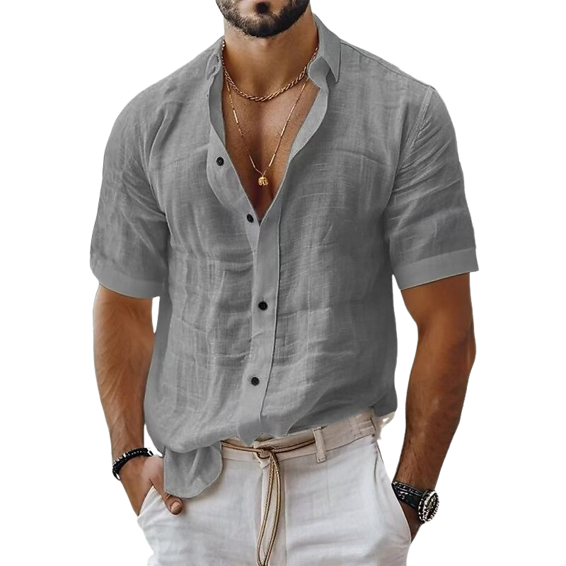 Heren Katoenen en Linnen Korte Mouwen Shirt in Effen Kleur