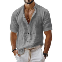 Heren Katoenen en Linnen Korte Mouwen Shirt in Effen Kleur
