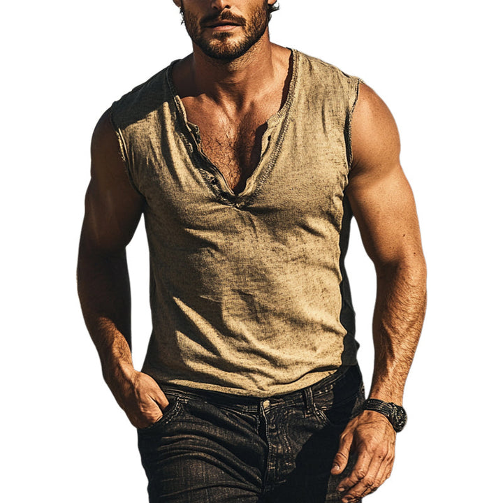 Heren Casual Katoenen En Linnen Henley Kraag Mouwloos T-shirt MTA3099E8X