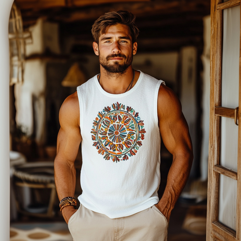 Heren Bohemian Geborduurd Naast Katoenen Ronde Hals Slim Fit Tanktop MTA2947E3M
