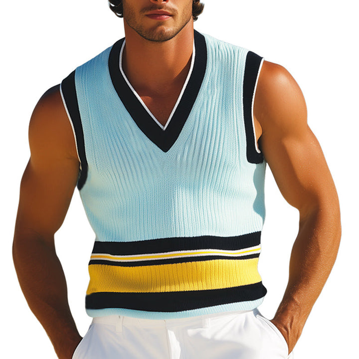 Heren Zomer V-hals Mode Kleurblok Gebreide Tanktop MTA2265E9U