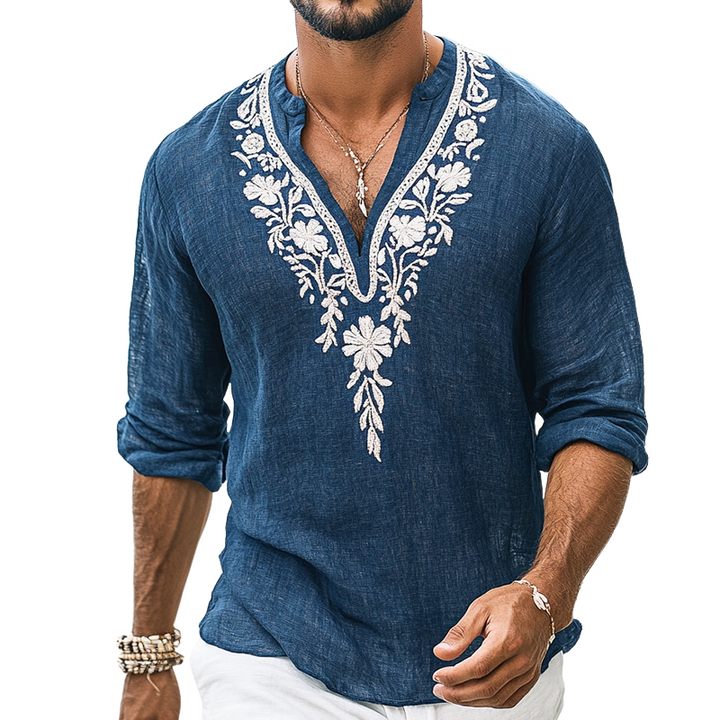 Heren Vintage Casual Geborduurde Katoenen en Linnen Henley Kraag Lange Mouw Shirt 39916816TO