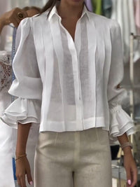 Dames Effen Kleur Revers Lange Mouw Casual Losse Linnen Cardigan Top