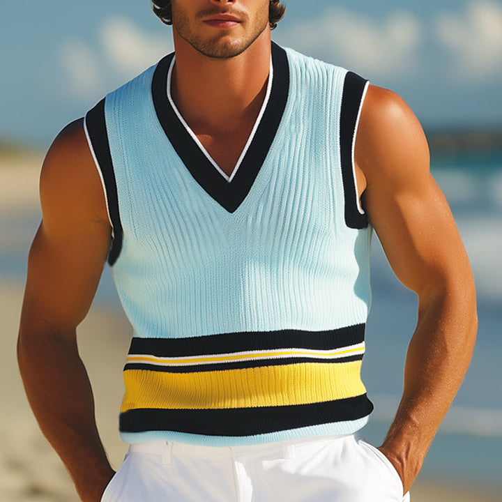 Heren Zomer V-hals Mode Kleurblok Gebreide Tanktop MTA2265E9U