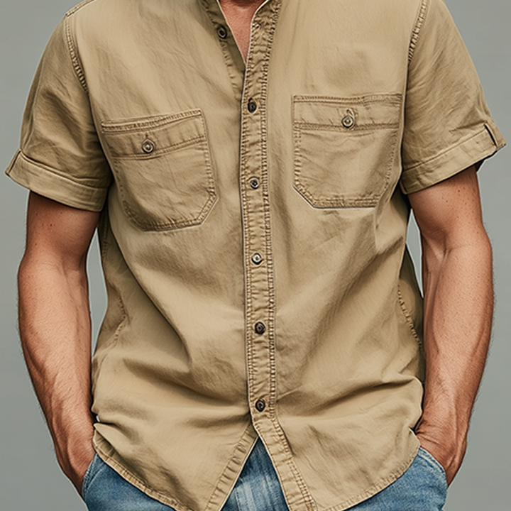 Heren Zomer Casual Katoen Gemengde Gewassen Staande Kraag Korte Mouwen Shirt MTA0220G9K