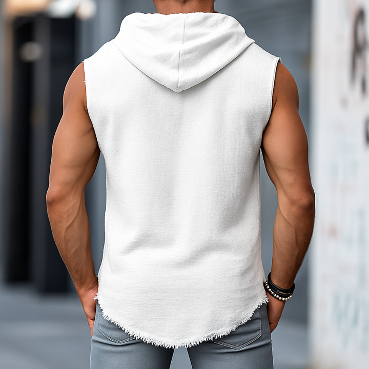 Heren Retro Casual Effen Kleur Linnen Rauwe Rand Hoodie Tanktop MTA2534F3TO