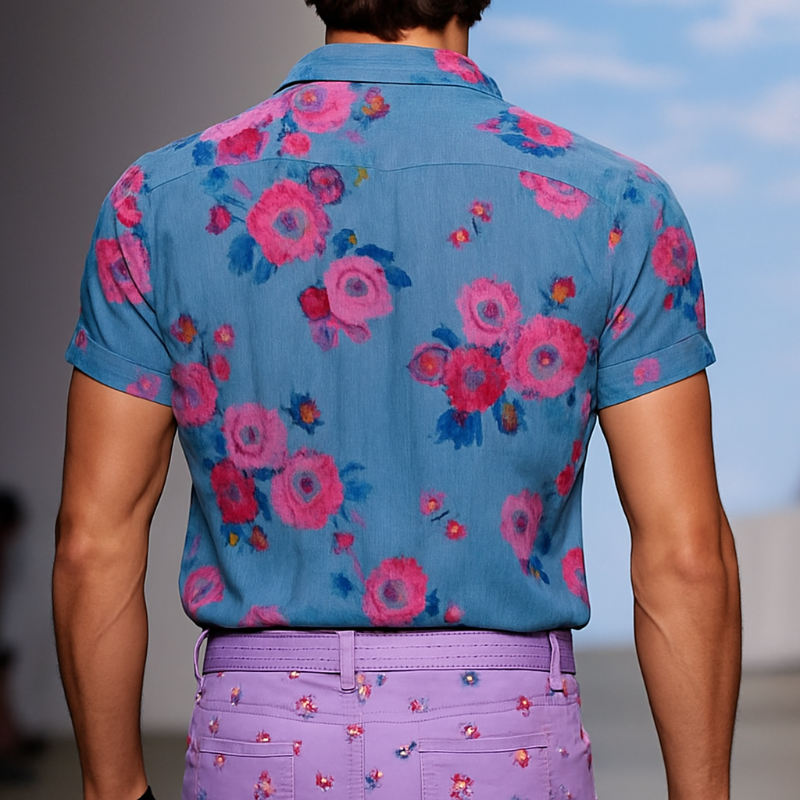 【24-uurs verzending】 Heren Retro Casual Mesh Gedrukt Bloemen Revers Korte Mouwen Shirt MTA1435D2TO