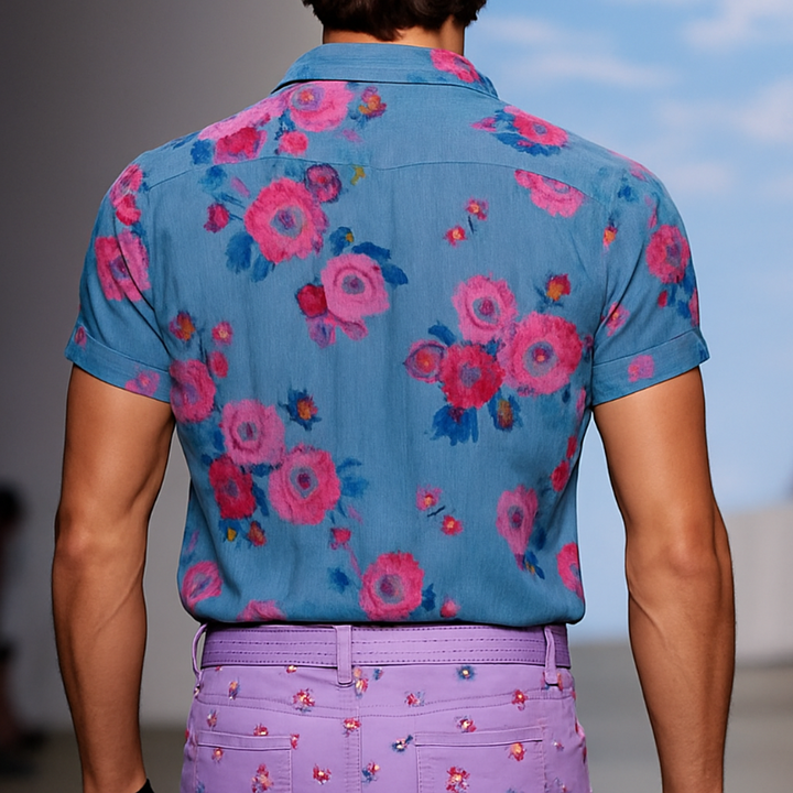 【24-uurs verzending】 Heren Retro Casual Mesh Gedrukt Bloemen Revers Korte Mouwen Shirt MTA1435D2TO