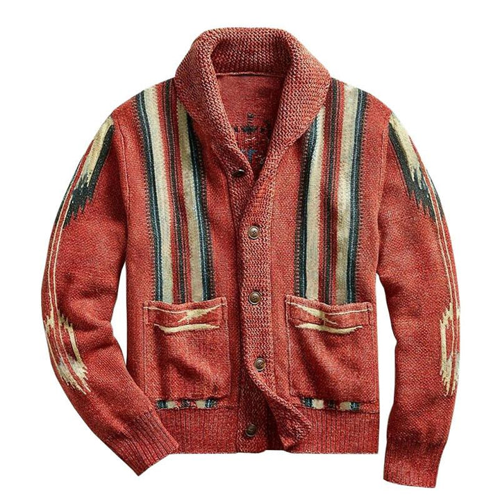 Heren Vintage Jacquard Revers Enkel Breasted Lange Mouw Trui Cardigan 51482095M