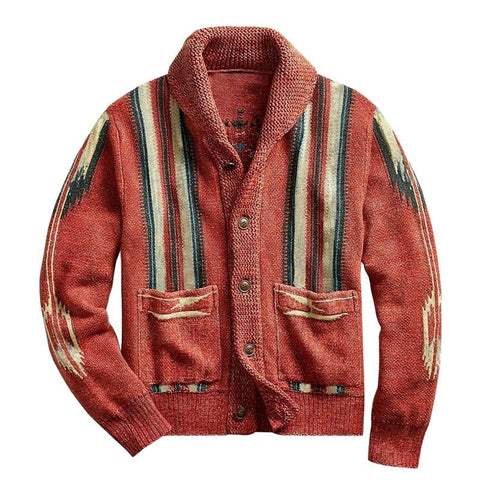 Heren Vintage Jacquard Revers Enkel Breasted Lange Mouw Trui Cardigan 51482095M