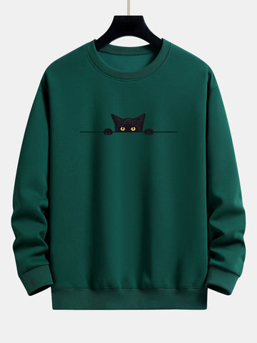 Zwarte Kat Print Relax Fit Groene Sweater