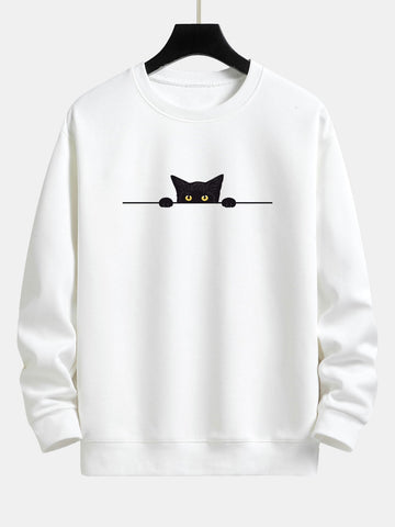 Zwarte Kat Print Relax Fit Wit Sweatshirt