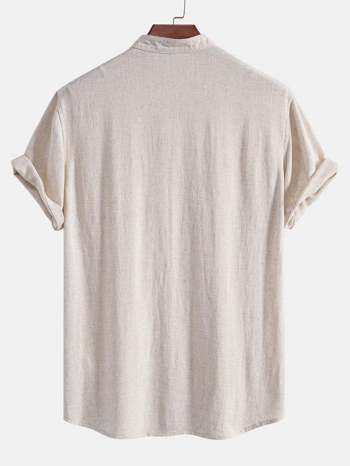 Shirt met V-hals van linnen-rayonmix en rechte linnen broek