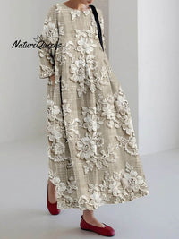 Dames Vintage Bloemen Kunstpatroon Effen Kleur Losse Elegante 3D Geprinte Jurk 