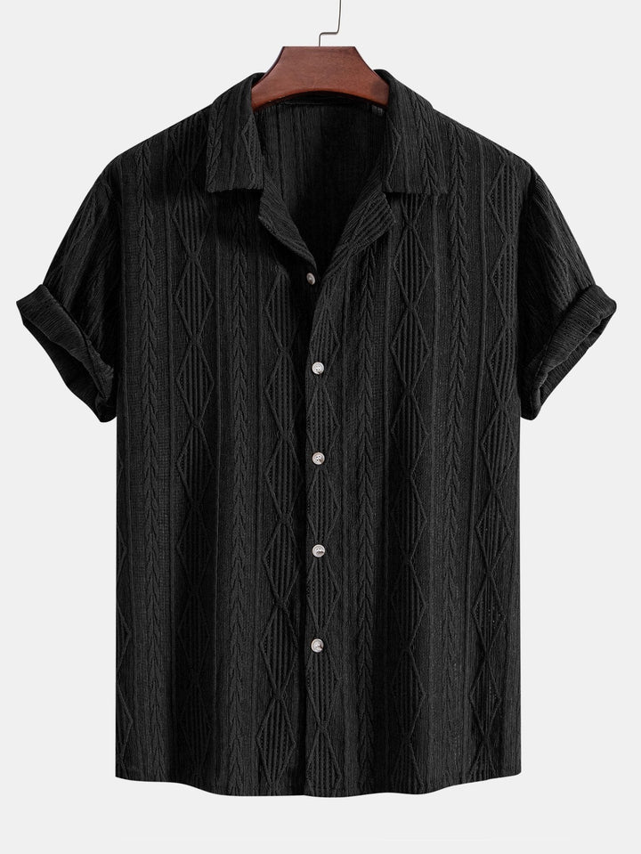 Geometrisch jacquard eyelet Cubaans overhemd en rechte linnen broek