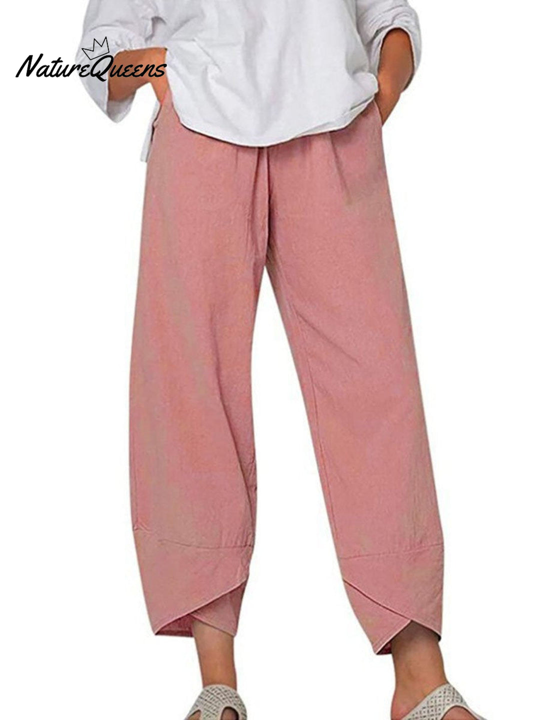 Damesbroek in effen kleur, losvallend, elegant, casual, eenvoudig, van katoen en linnen, model ‘Ninth’