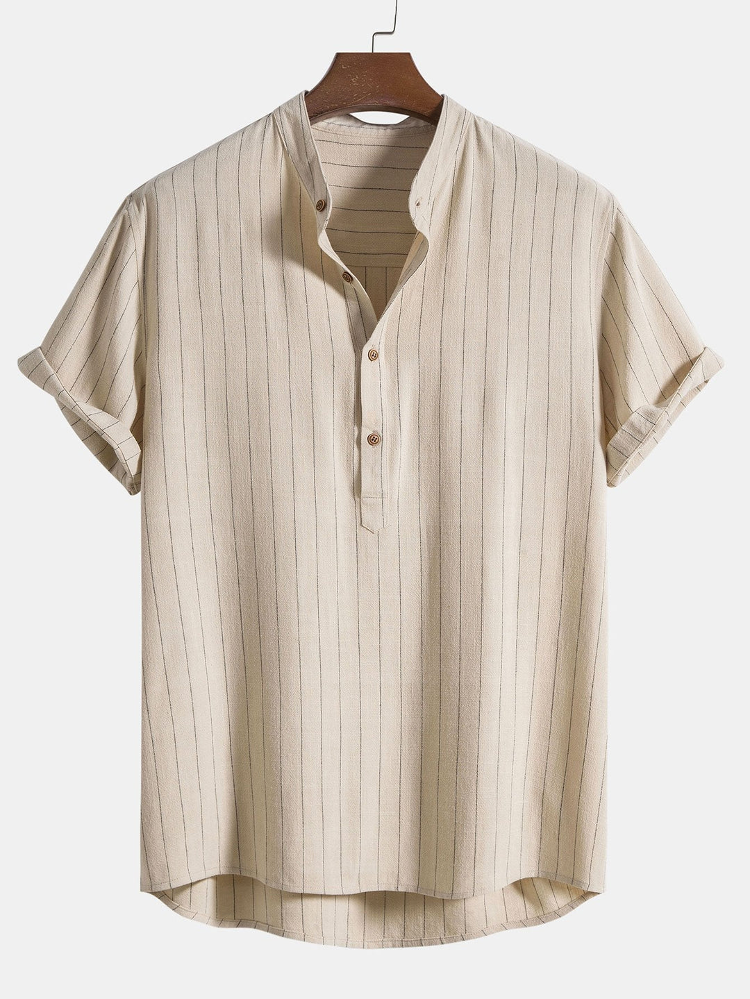 Linnen-mix gestreept overhemd met half open placket en Henley kraag en rechte linnen broek