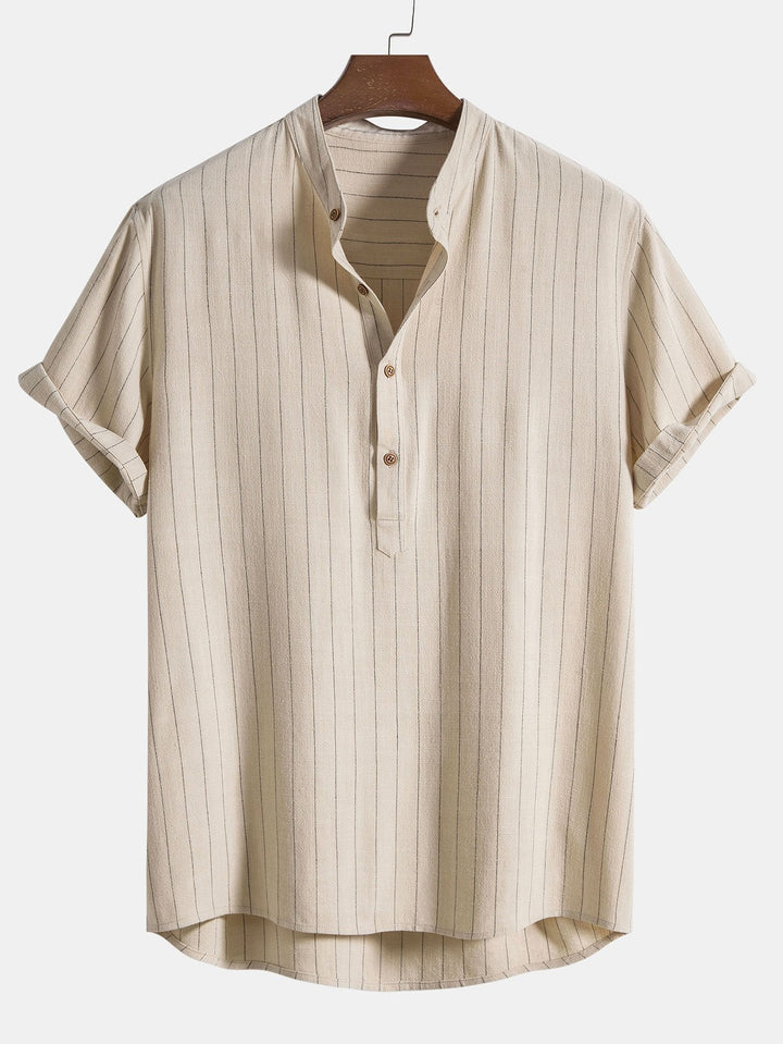 Linnen-mix gestreept overhemd met half open placket en Henley kraag en rechte linnen broek