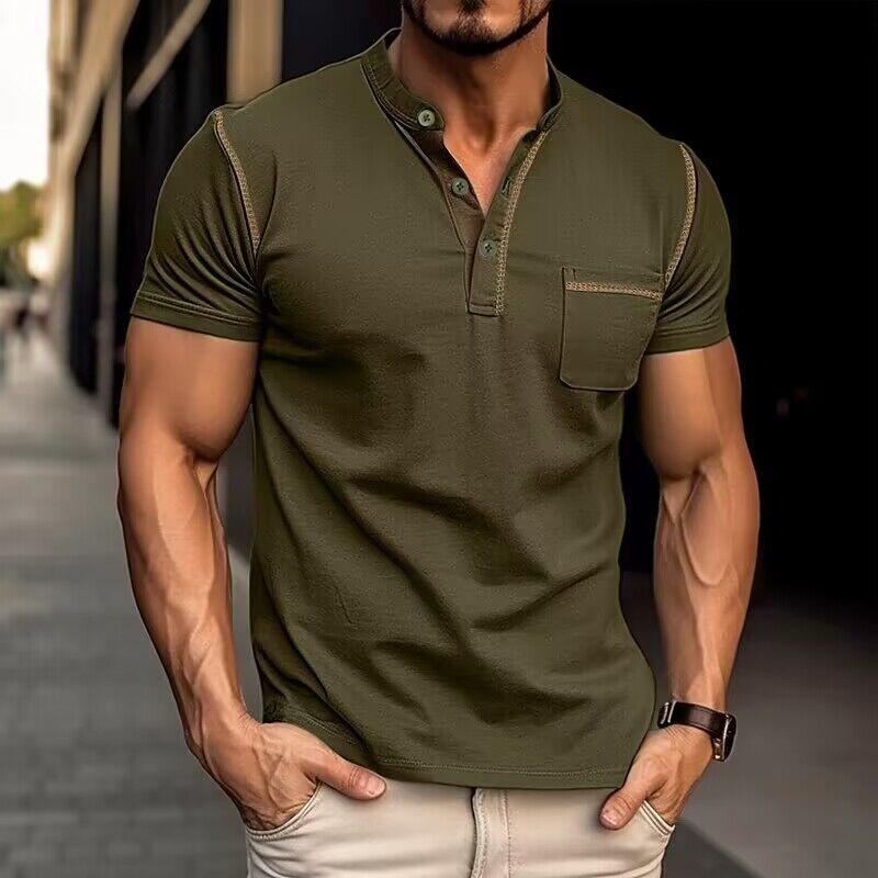 Heren Casual Colorblock Henley Kraag T-shirt met korte mouwen 53275107Y