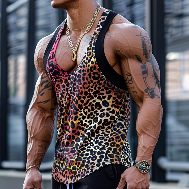 Sexy U-Hals Luipaardprint Katoenmix Patchwork Tanktop voor Mannen 03756297M