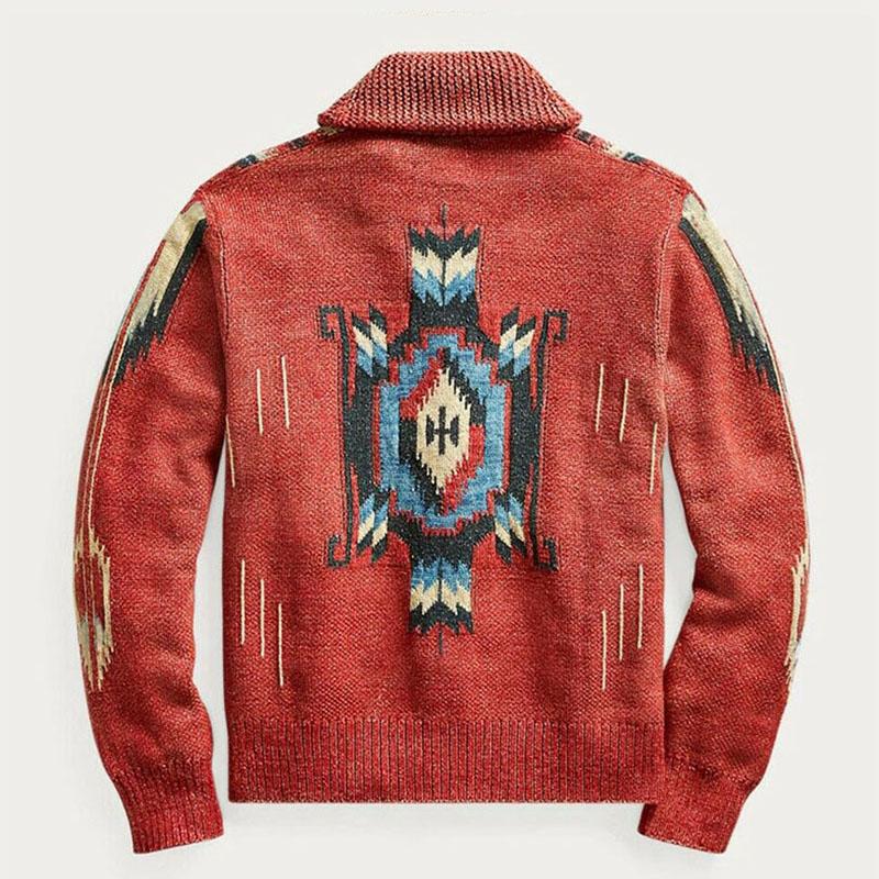 Heren Vintage Jacquard Revers Enkel Breasted Lange Mouw Trui Cardigan 51482095M