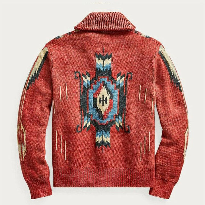 Heren Vintage Jacquard Revers Enkel Breasted Lange Mouw Trui Cardigan 51482095M