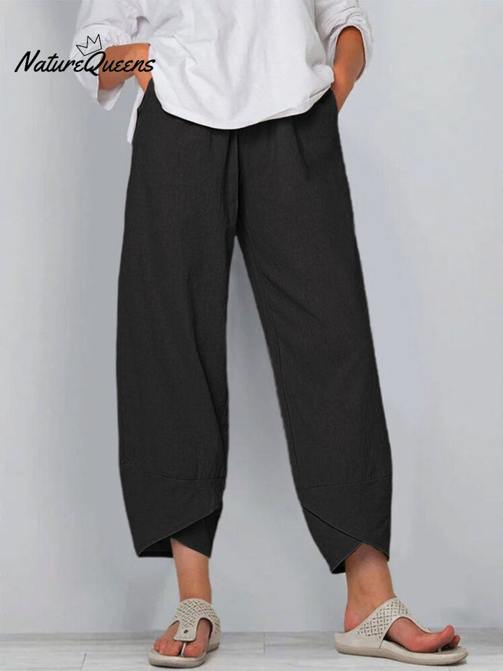 Damesbroek in effen kleur, losvallend, elegant, casual, eenvoudig, van katoen en linnen, model ‘Ninth’
