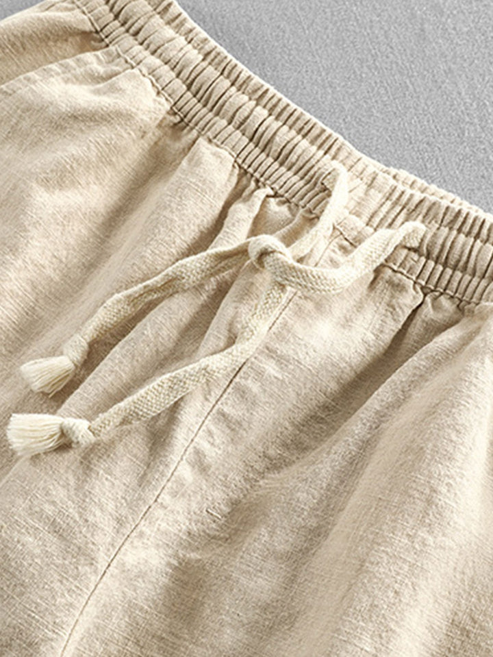 Linnen-look overhemd met korte mouwen en staande kraag en linnen-katoenen korte broek