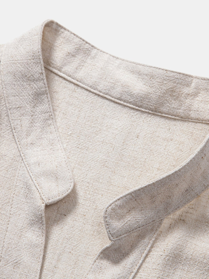 Shirt met V-hals van linnen-rayonmix en rechte linnen broek